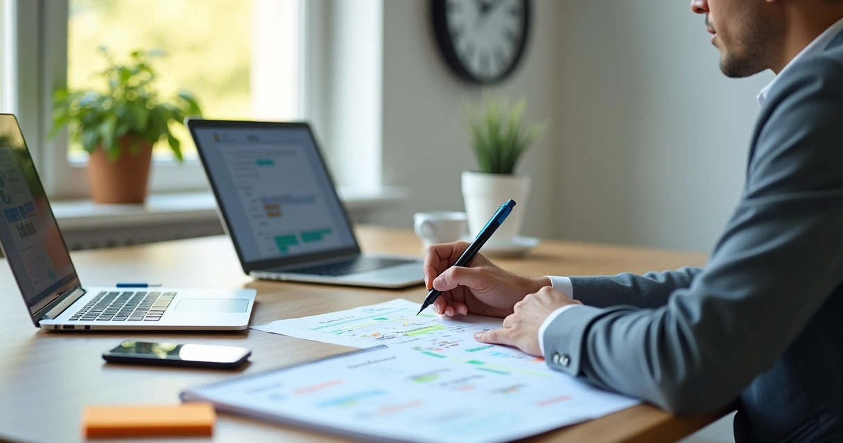 Profissional organizando o tempo de trabalho com agenda e notebook em mesa de escritório 