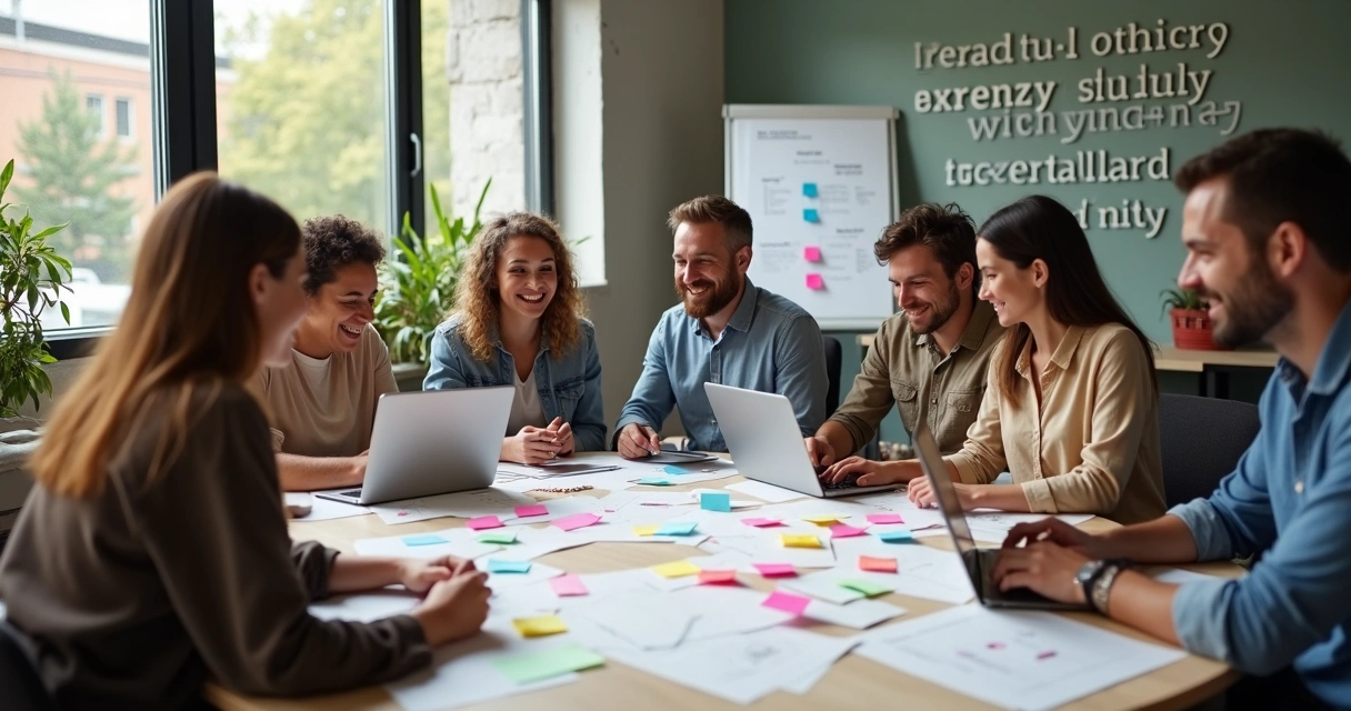 Equipe diversa de colaboradores do terceiro setor em reunião de trabalho colaborativa, sorrisos e interação 