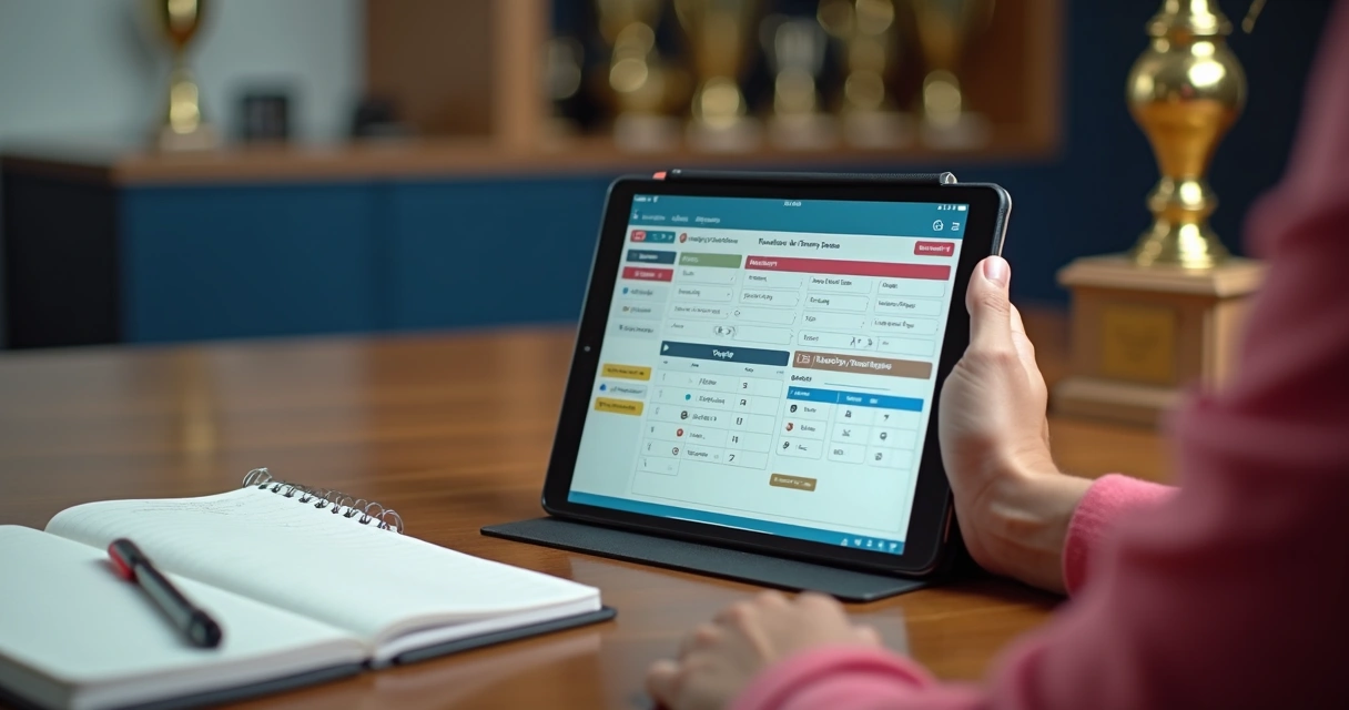 Organizador usando aplicativo de torneio em tablet 