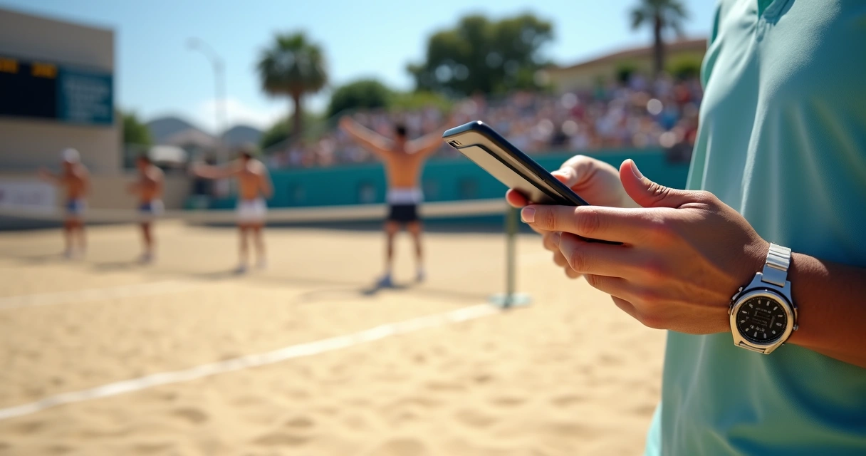 Organizador usando aplicativo de torneio de beach tennis enquanto atletas se aquecem na quadra 