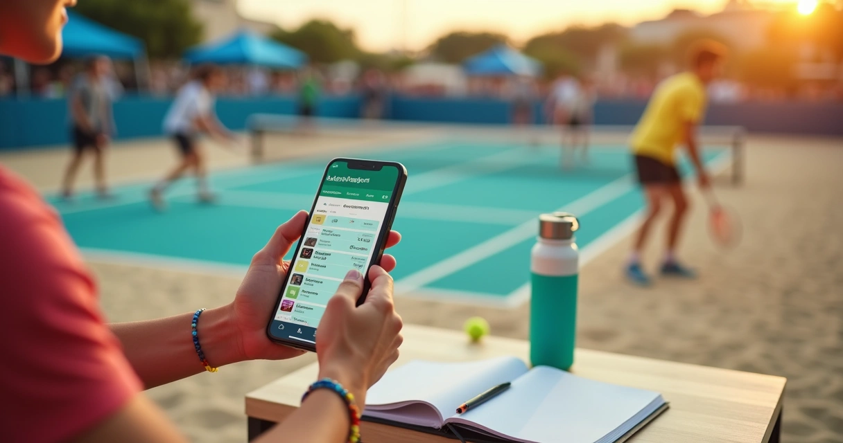 Organizador criando torneio de beach tennis pelo app no celular à beira da quadra 