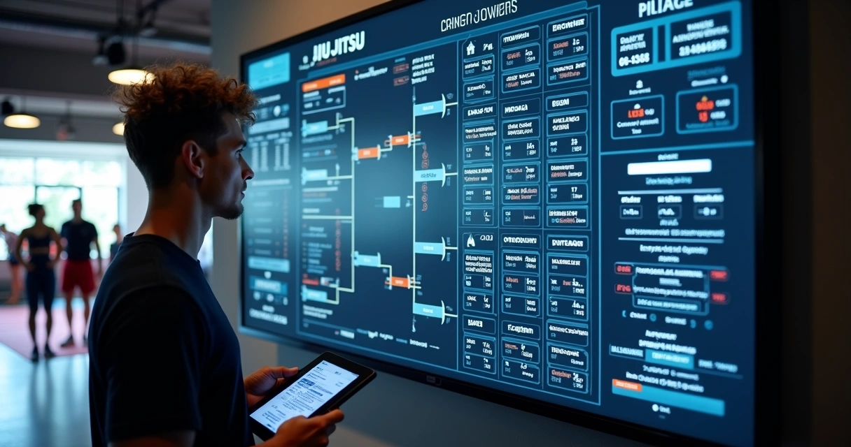 Painel de organização de torneio de jiu-jitsu com dados, listas e chaves de luta 