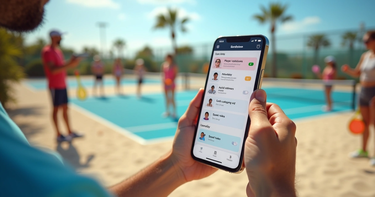 Organizador de torneio de raquete configurando restrições em aplicativo no celular à beira da quadra 