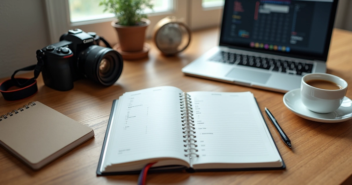 Mesa de fotógrafo organizada com agenda, câmera, caneta e computador 