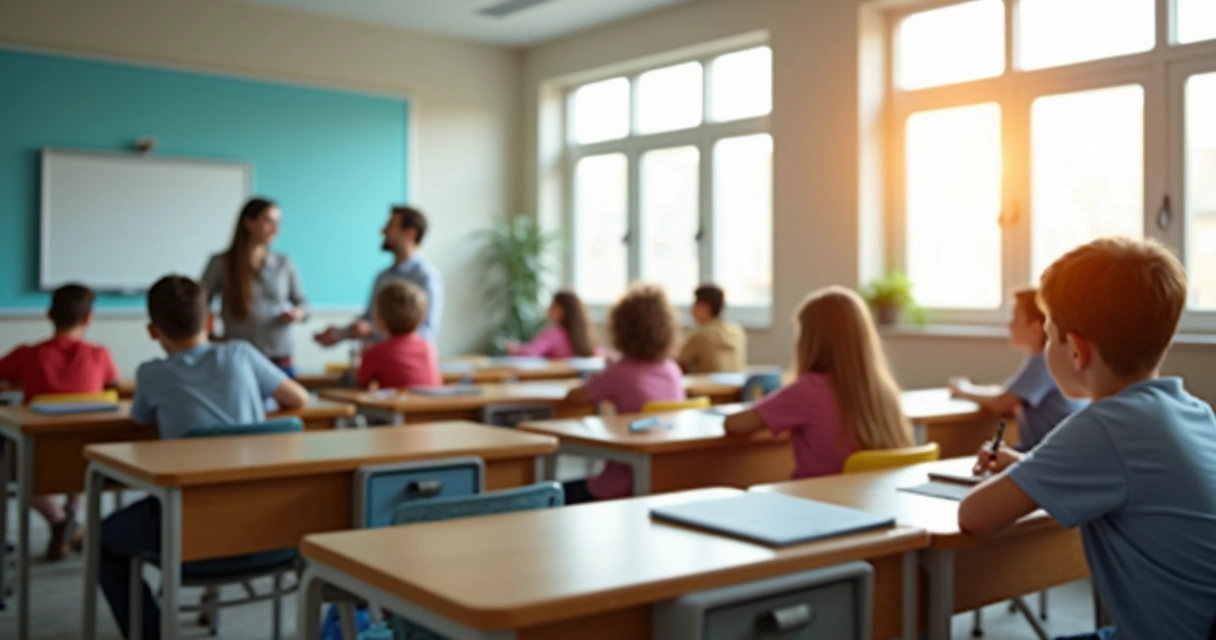 Sala de aula organizada com alunos sentados em grupos e quadro digital