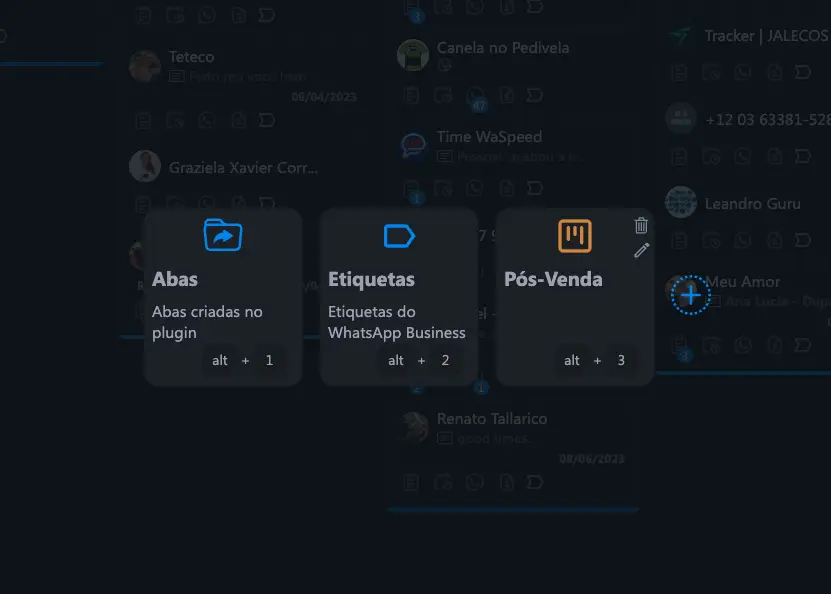 Três opções de organização do WaSpeed exibidas na tela: Abas, Etiquetas e Pós-Venda, com ícones e atalhos de teclado.