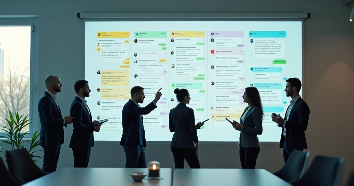 Equipe organizando painel de etiquetas e segmentos no WhatsApp empresariail 