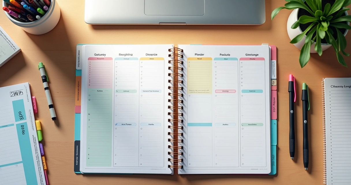 Planner Wire-O ao lado de blocos de anotações, em uma mesa de trabalho 