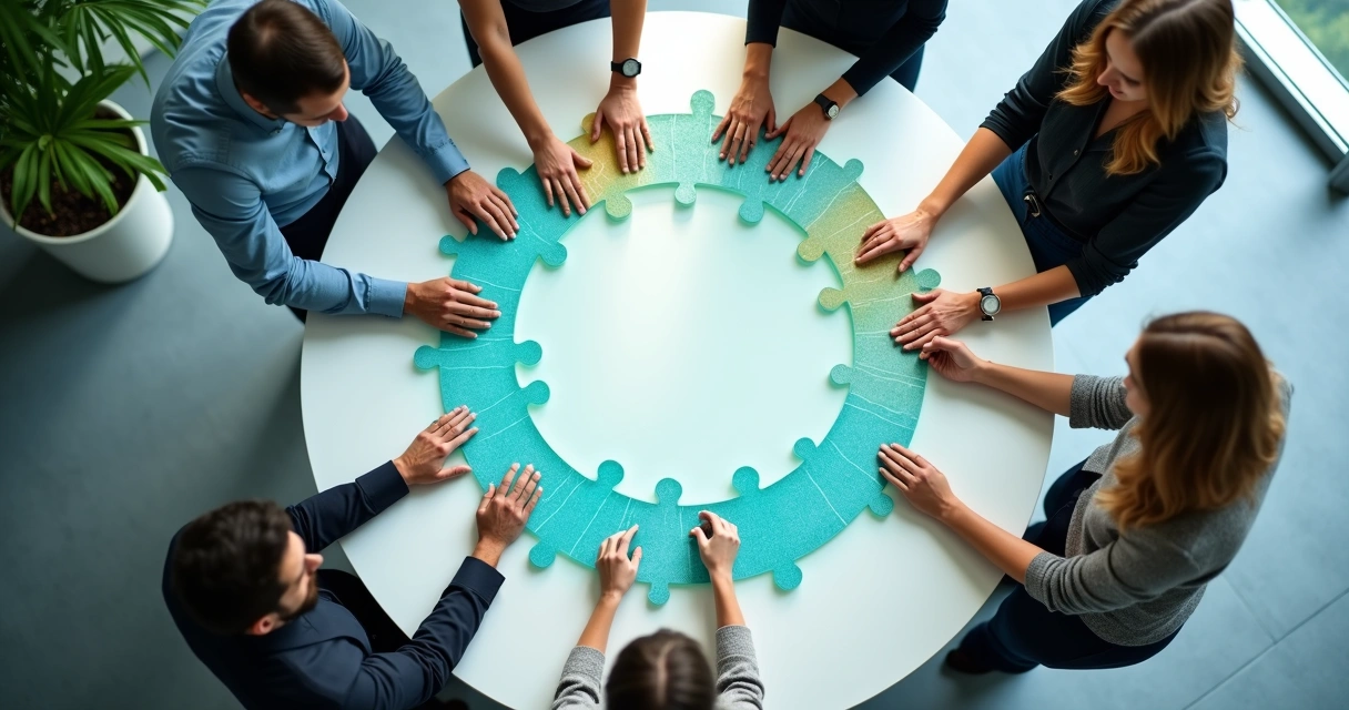 Vista cenital de un equipo formando un circuito unido con piezas de rompecabezas 