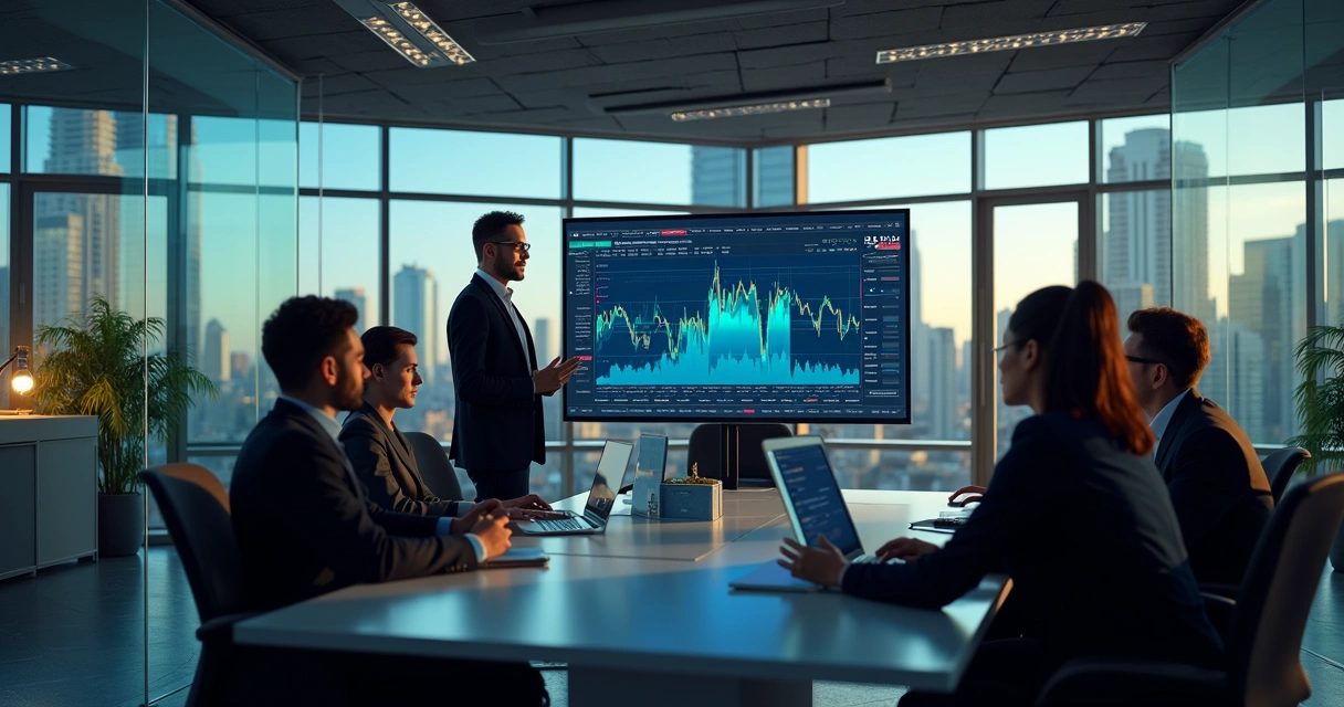 Equipe de negócios analisando tela de prediction market em reunião 