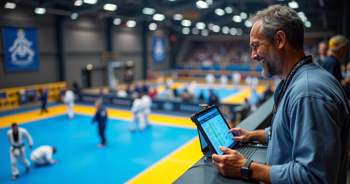 Organizador de campeonato de jiu-jitsu sorrindo enquanto confere tablet em área elevada do ginásio 