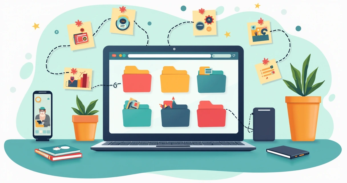 Computador com pastas organizadas e dispositivos, em mesa clara 