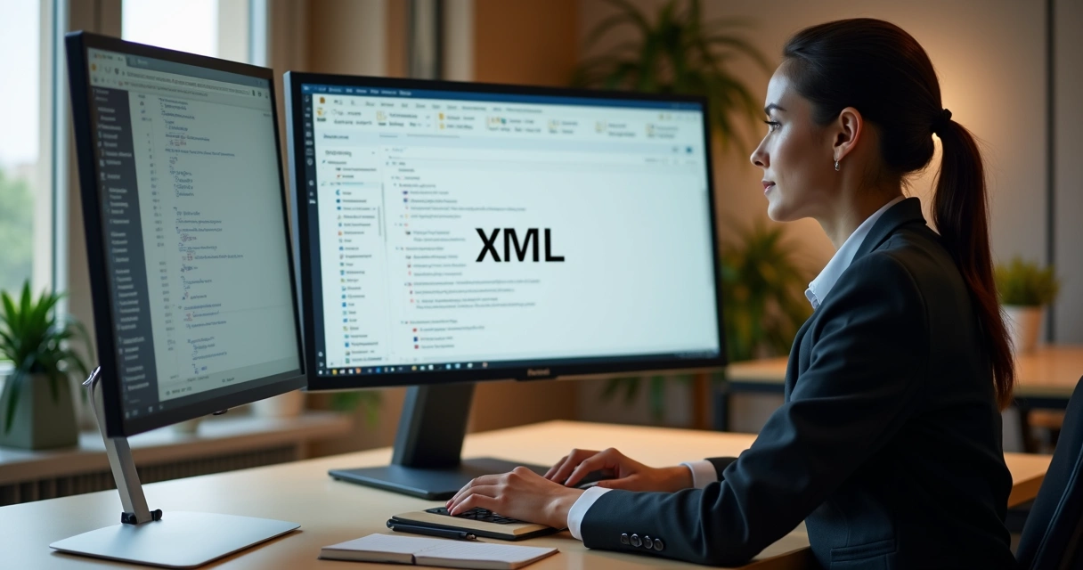 Profissional organizando arquivos digitais de XML em pastas no computador