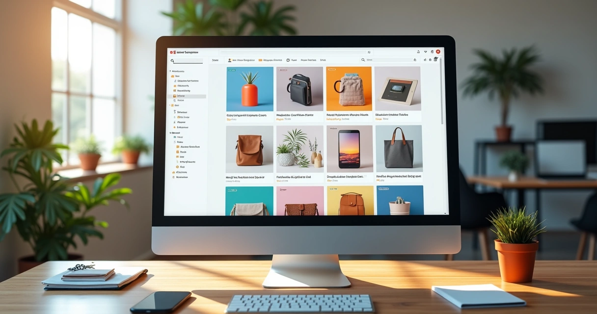 Tela de computador com catálogo de produtos online organizado em categorias claras com imagens e descrições detalhadas 