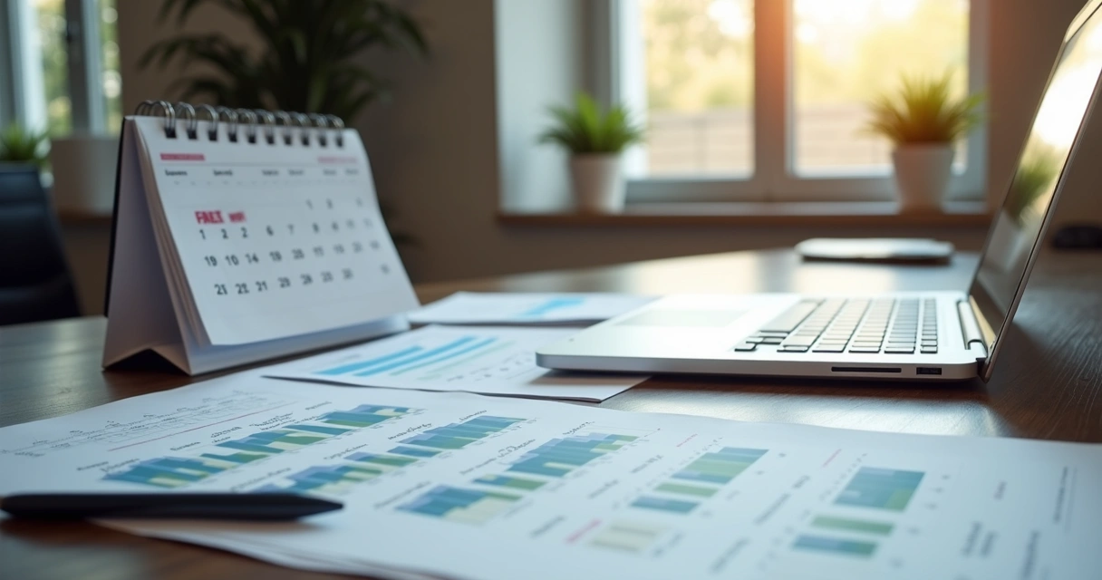 Mesa de escritório com calendário, planilhas financeiras e computador mostrando contas a pagar organizadas 