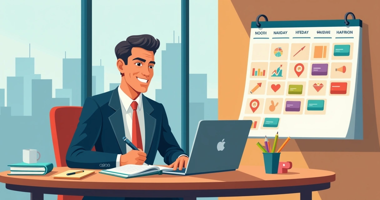 Político sentado à mesa, planejando postagens em laptop com gráficos e calendários 