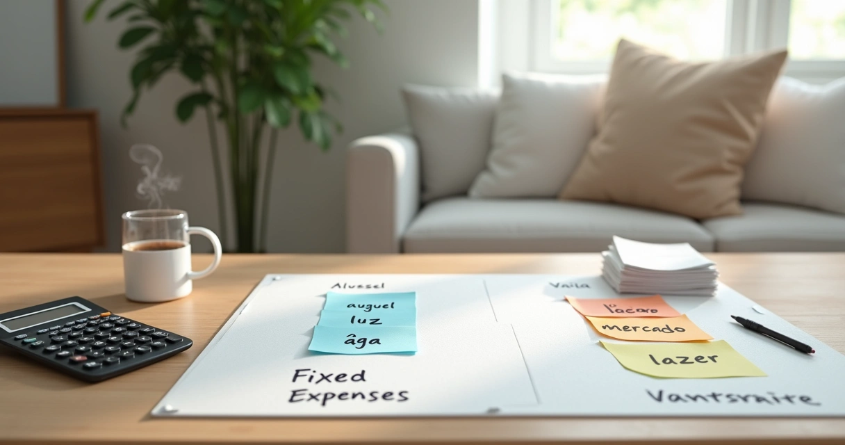 Quadro dividido entre despesas fixas e variáveis organizado em mesa com café 