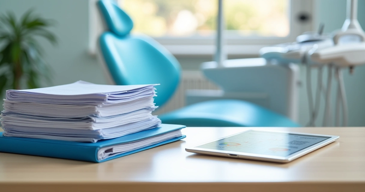Documentos organizados e digitalizados em uma clínica odontológica 