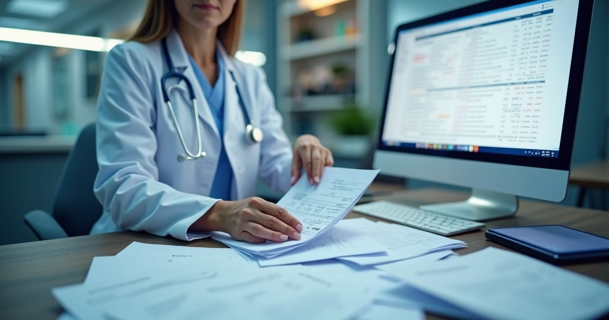 Médico organizando documentos e recibos médicos