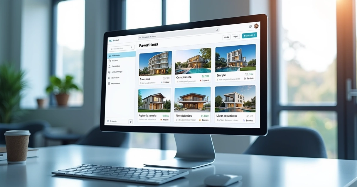 Tela de plataforma online mostrando lista organizada de imóveis favoritados com categorias distintas e detalhes visíveis 
