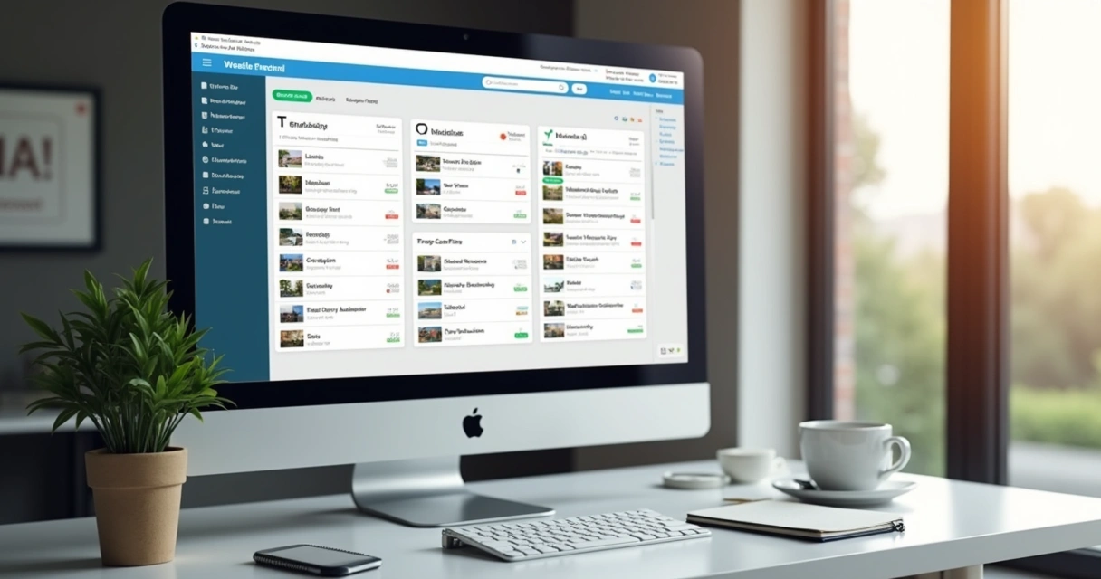 Tela de computador mostrando interface para organizar imóveis favoritos em plataforma digital com filtros e categorias visíveis 