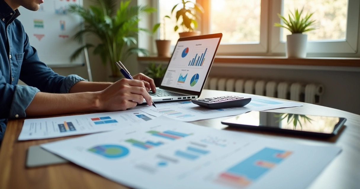 Pessoa organizando documentos e planilhas financeiras em escritório bem iluminado 