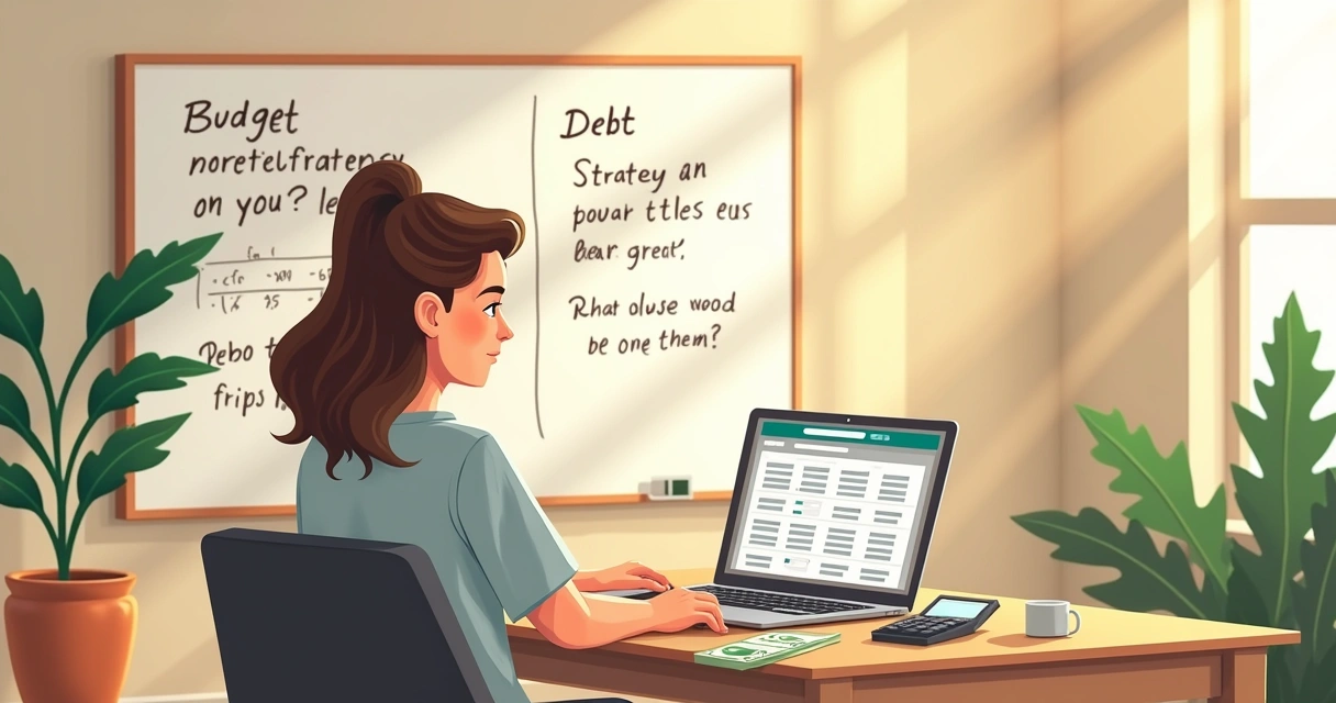Pessoa organizando finanças em uma mesa com laptop, contas e anotações sobre dívidas.