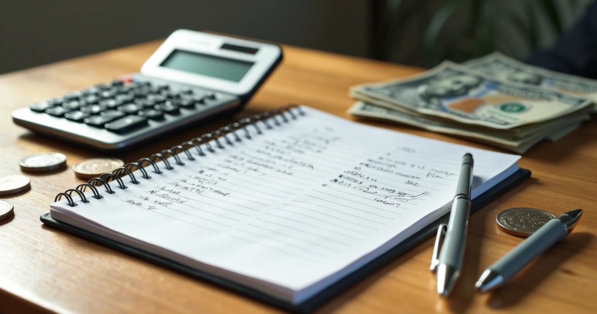 Mesa organizada com cadernos, calculadora, moedas e notas de dinheiro para controle financeiro 