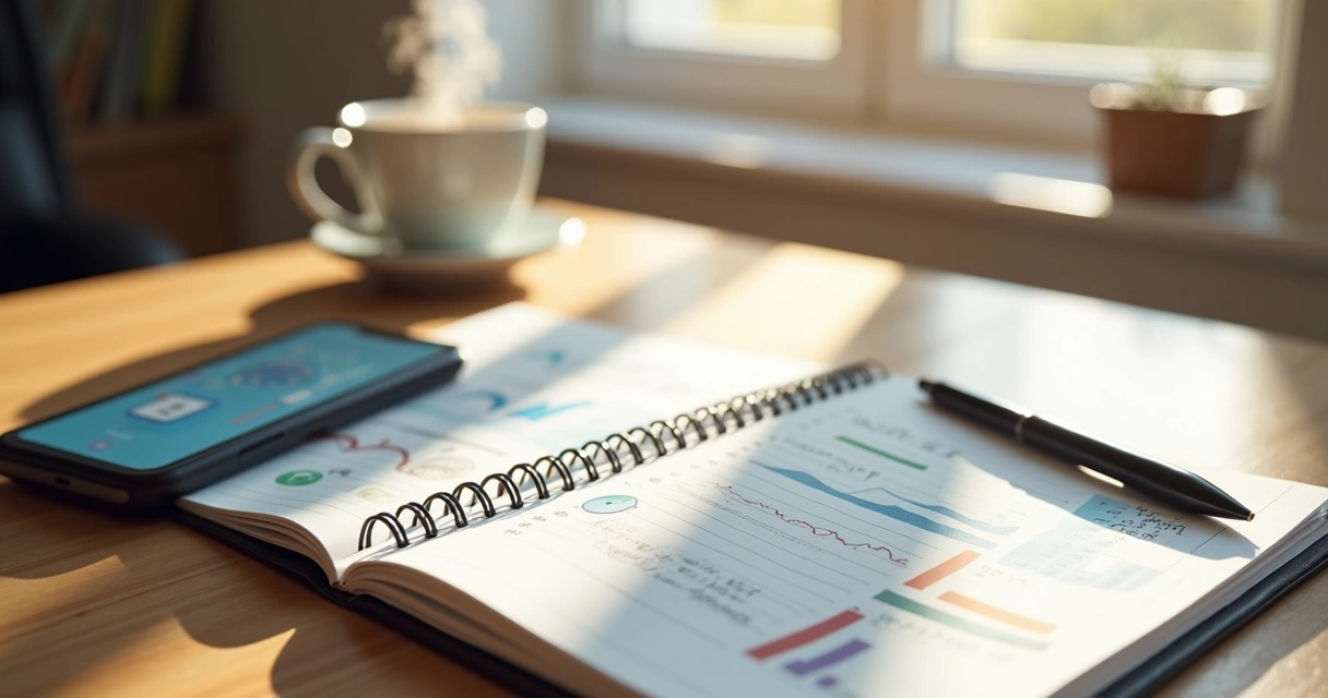 Mesa com caderno de finanças, smartphone com aplicativo aberto, caneta e café em ambiente claro e organizado 