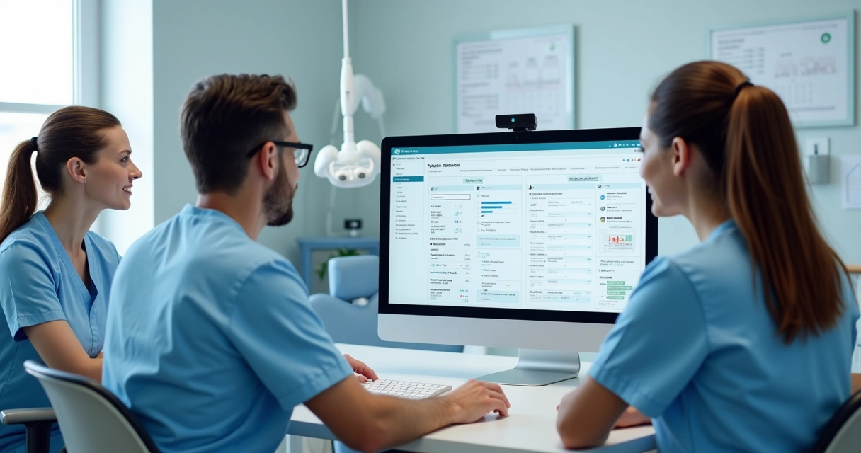 Equipe em clínica odontológica organizando fluxo de trabalho em frente a computadores