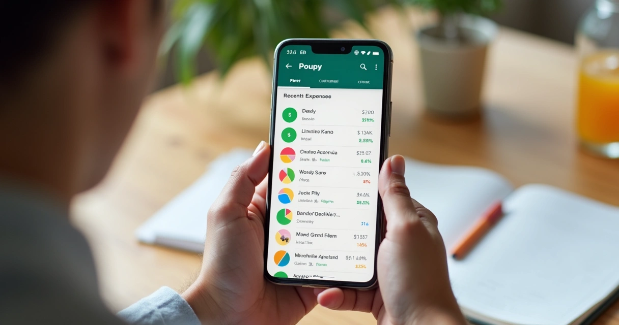 Pessoa segurando celular com WhatsApp aberto e interface do Poupy, mostrando categorias de gastos e gráficos simples. 