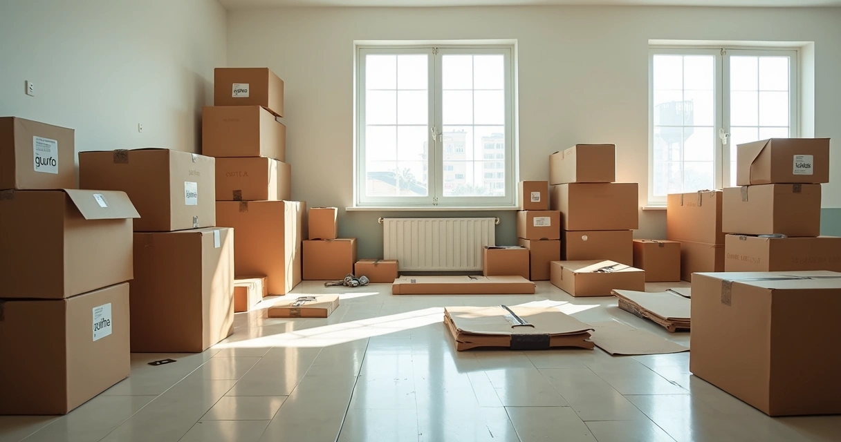 Móveis desmontados, caixas e etiquetas em ambiente iluminado 