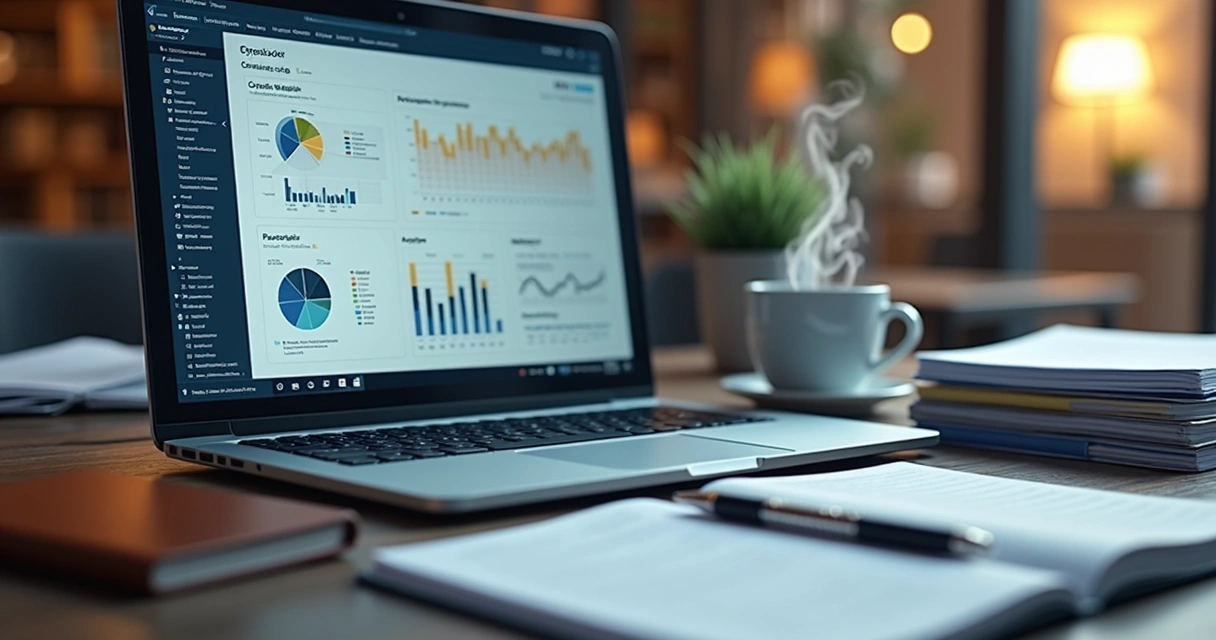 Mesa com laptop exibindo relatórios digitais, laudos impressos organizados ao lado, bloco de notas, caneta e xícara de café 