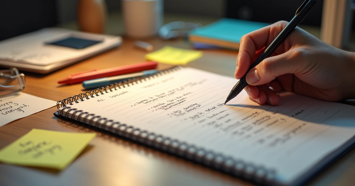 Pessoa organizando matérias de estudo em um caderno 
