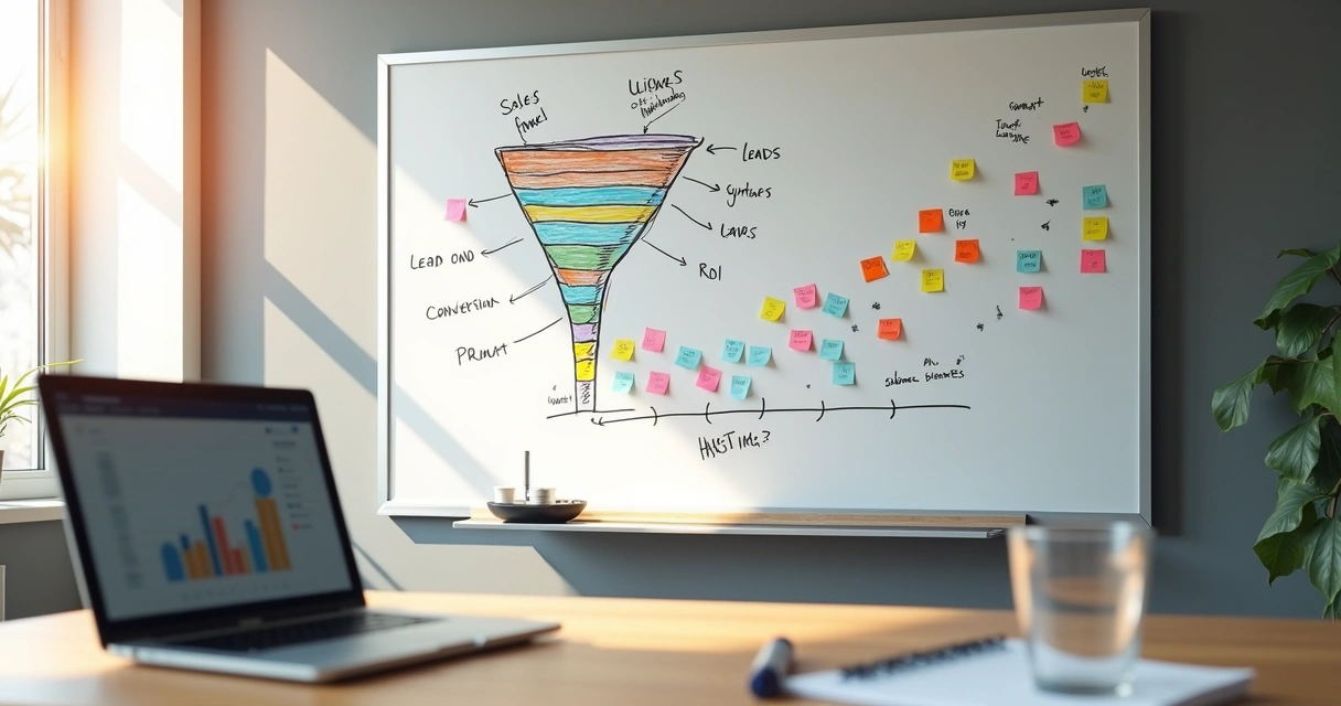 Quadro branco com funil de métricas e post-its coloridos em sessão de planejamento de marketing 