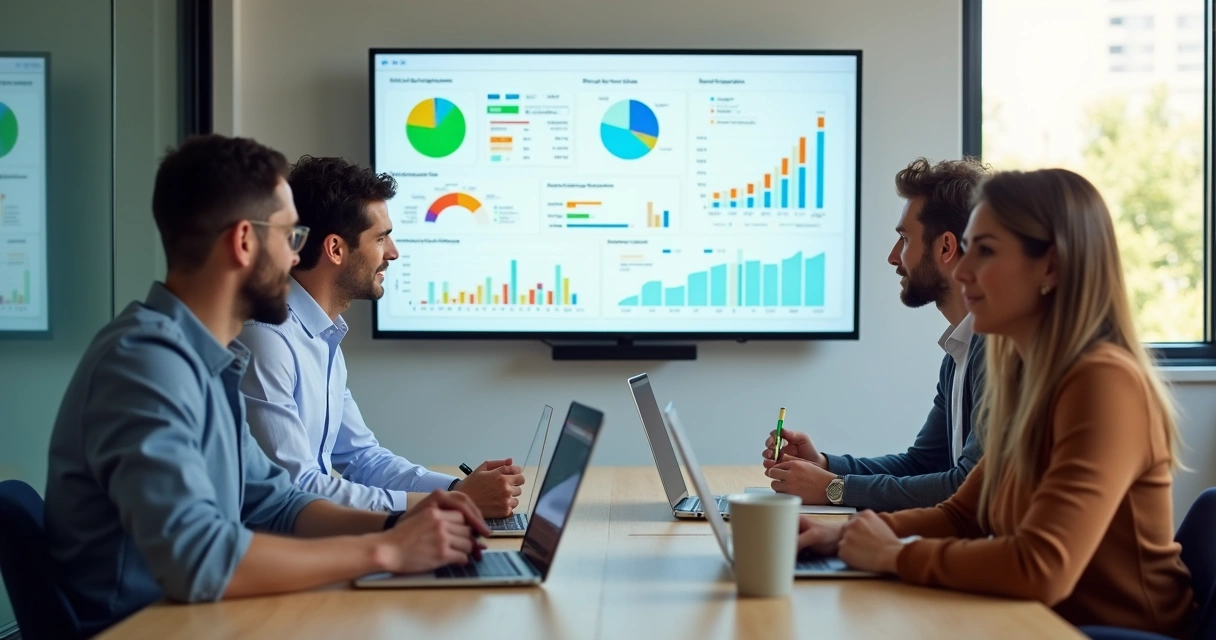 Equipe reunida organizando processo de vendas em ambiente de escritório 