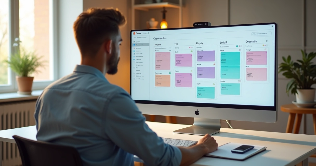 Profissional organizando tarefas em quadro Trello exibido em um grande monitor em ambiente minimalista 