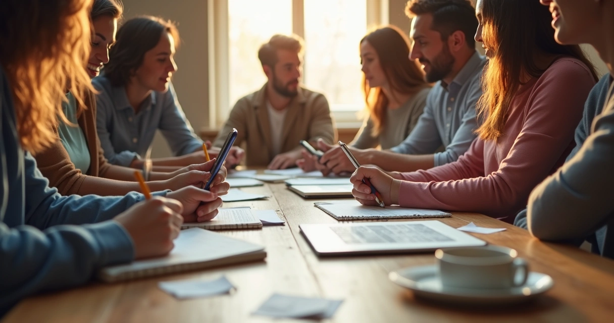 Mesa com amigos e familiares registrando despesas em smartphones e anotações, ambiente iluminado e descontraído 