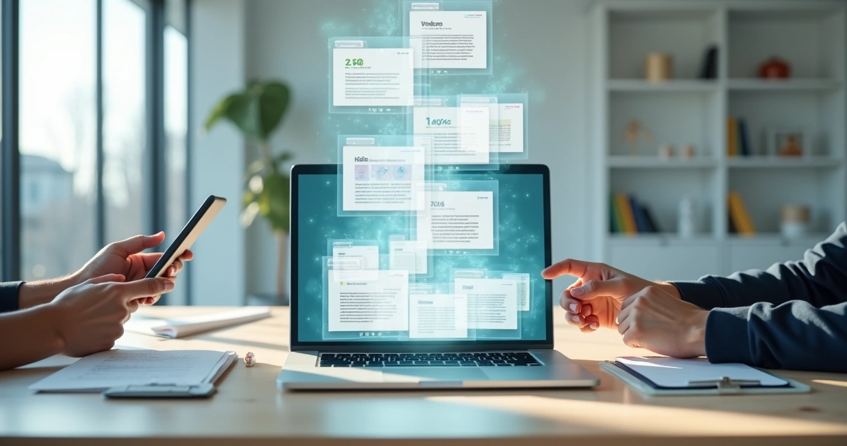 Mesa com notebook e pasta digital projetada organizando documentos em abas coloridas 