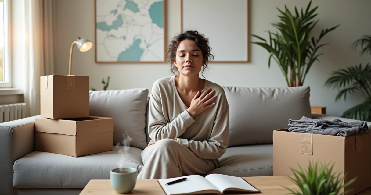 Pessoa sentada em sofá cercada por caixas de mudança refletindo com calma 