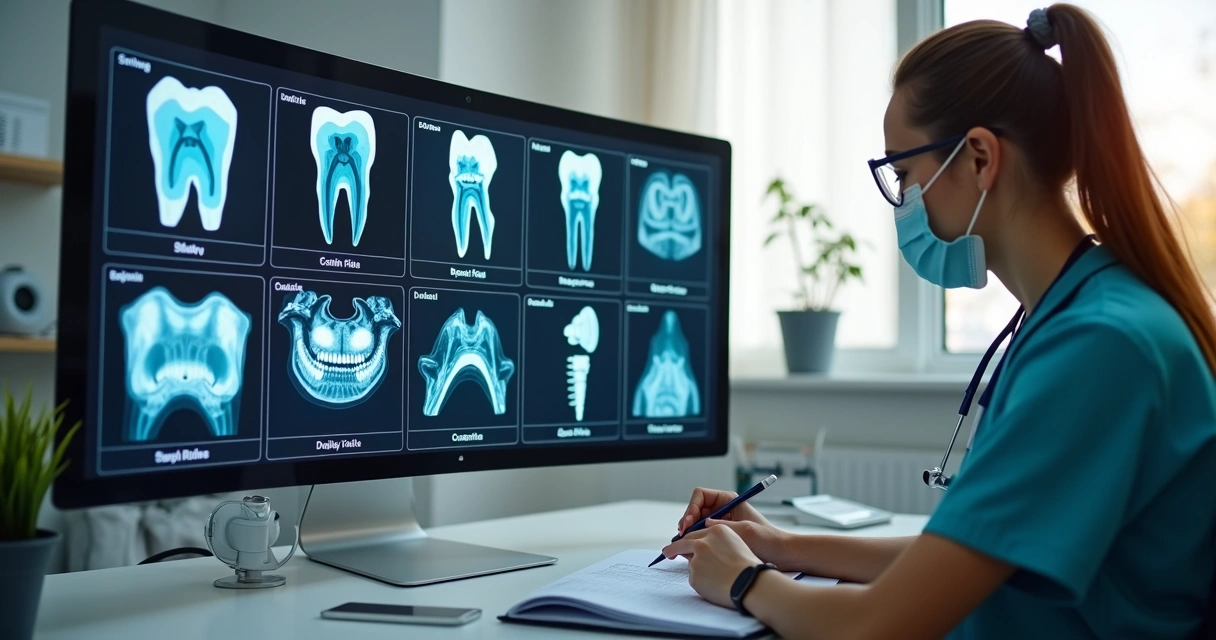 Organização de arquivos digitais em uma clínica odontológica, mostrando computador e tela com pastas de pacientes 