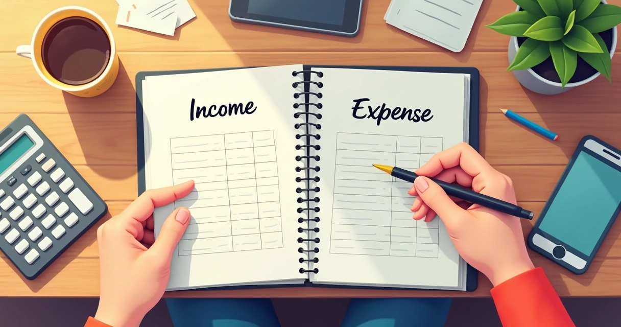 Pessoa anotando receitas e despesas em caderno aberto 