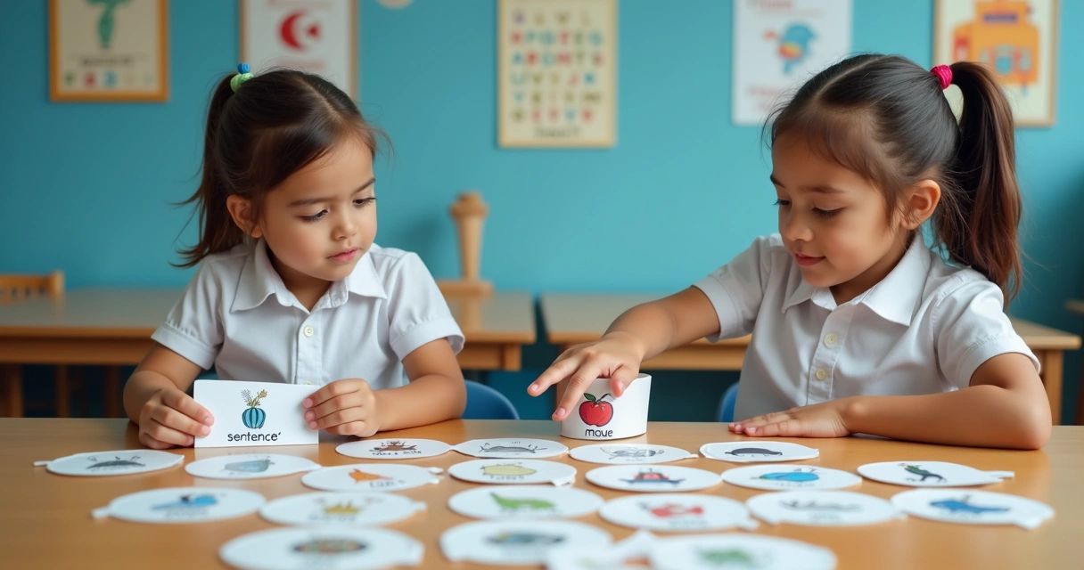 Alunos organizando cards de frases em ordem lógica 