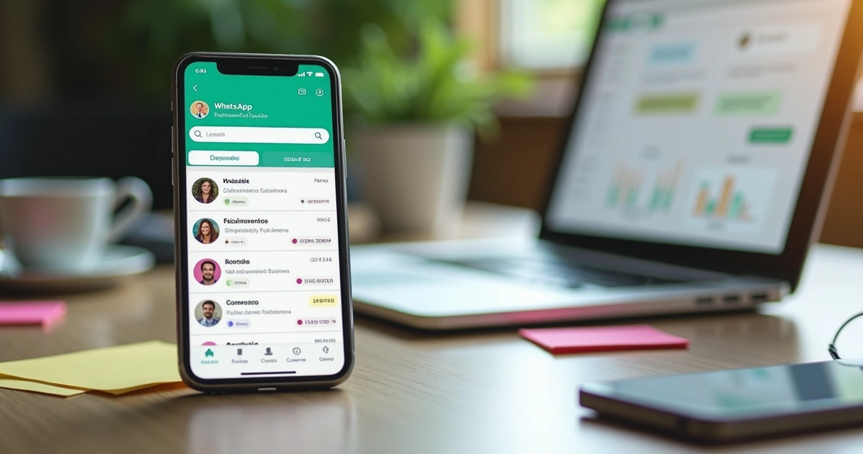 Tela de celular mostrando interface do WhatsApp Business com etiquetas coloridas organizando leads de vendas 