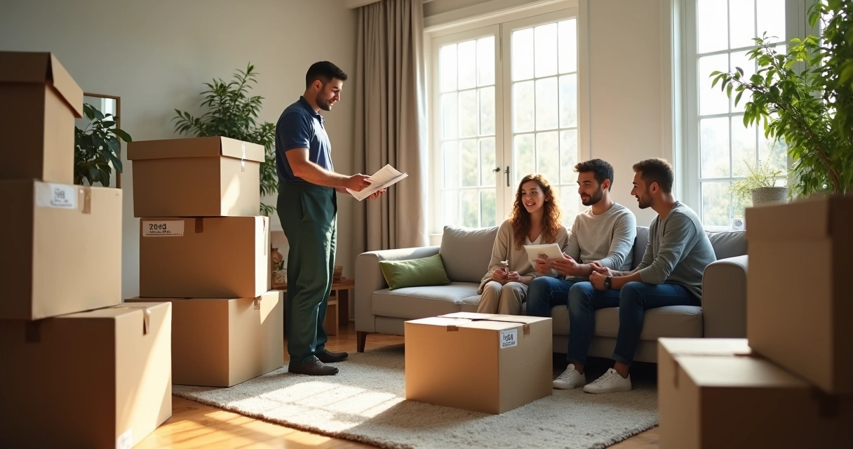 Organização de caixas etiquetadas em ambiente residencial com família acompanhando 