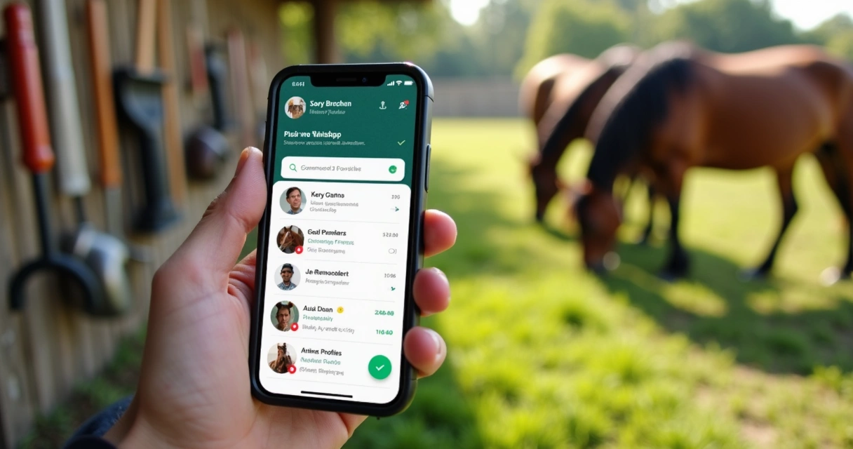 Pessoa usando WhatsApp para organizar tarefas diárias no haras, com animais e ferramentas ao fundo 