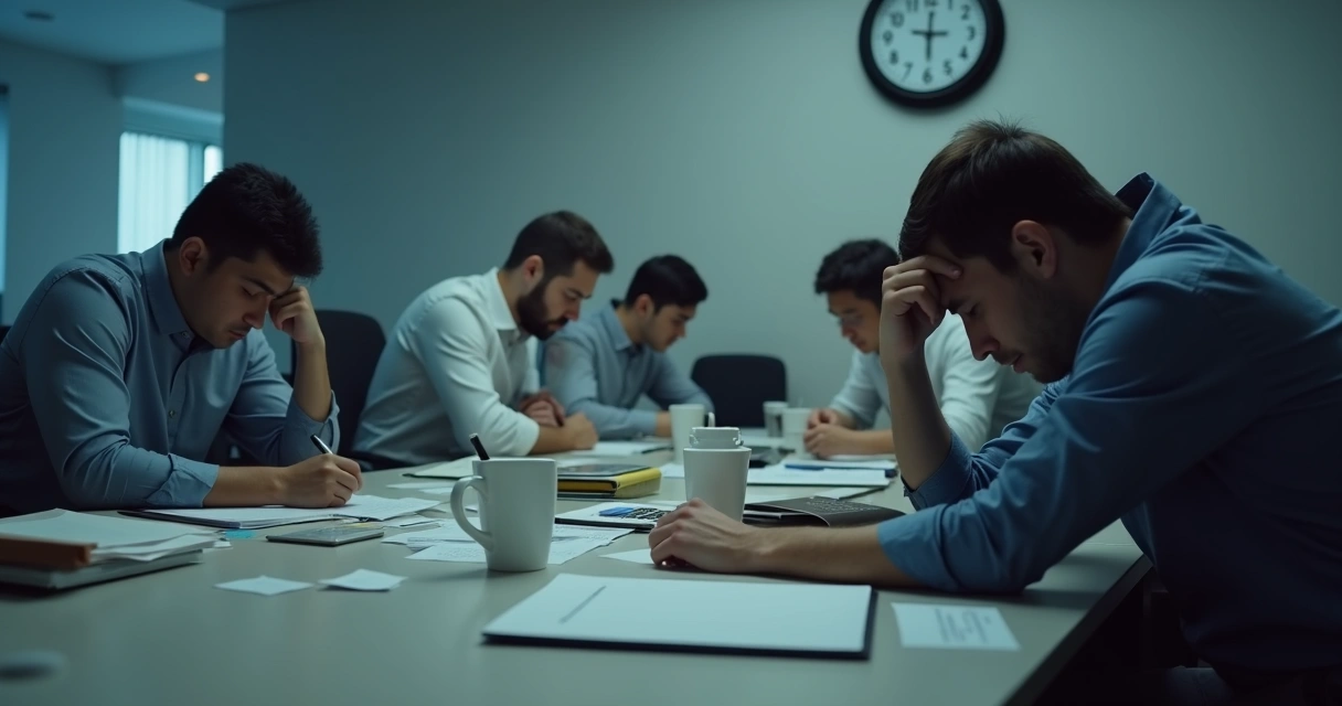 Tired office workers sitting at desks in a dimly lit workplace, showing signs of stress and disengagement. 