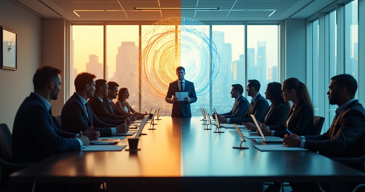 Business leaders in a boardroom split between outdated and evolving mindsets 