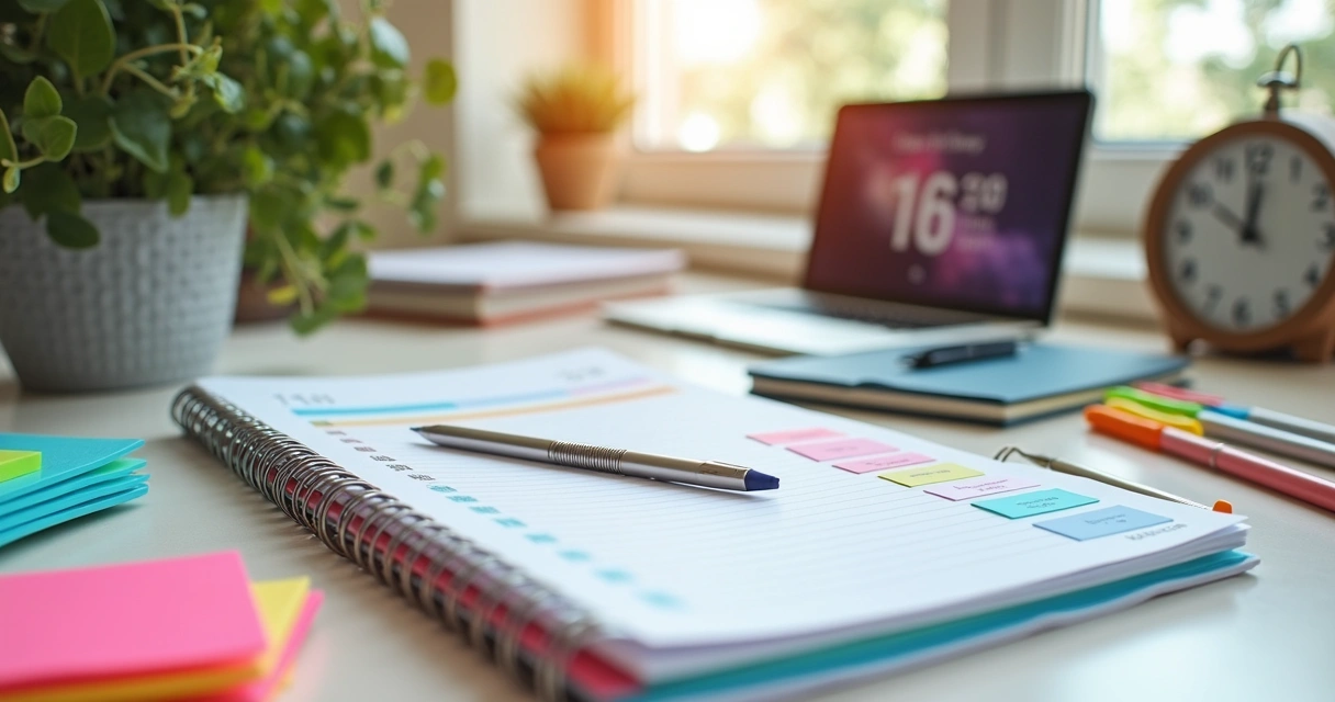 Desk with color-coded planners, smartphone, and sticky notes