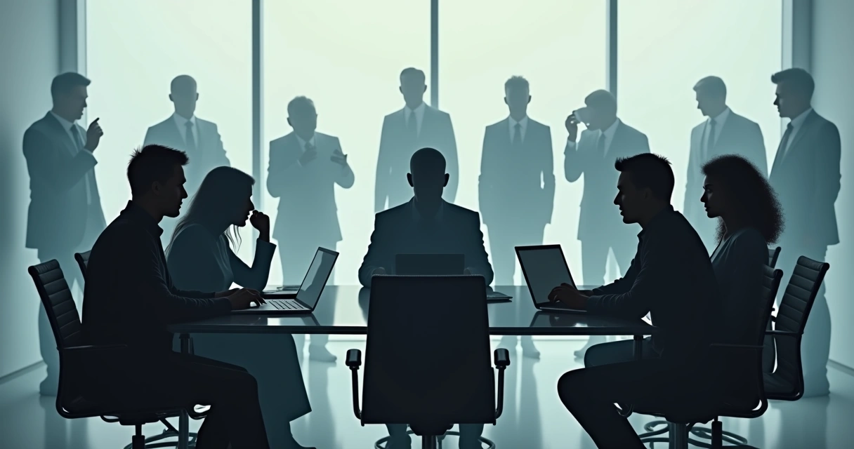 Executive team around a table with nine shadow figures in the background 